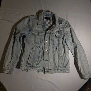 Pacsun Jacket Mens Medium Denim Jean Blue Faded Distressed Torn Grunge Checkered